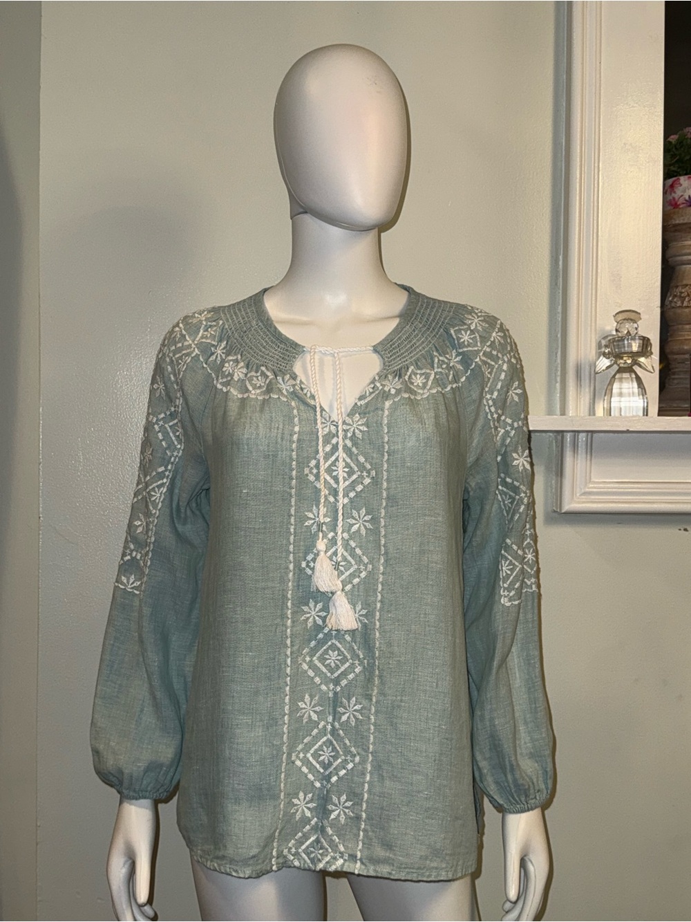 Joie Sage Green Embroidered Peasant Tunic with Tassel Tie